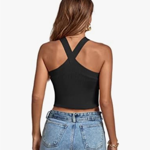 The Drop Sz 3X Black Ribbed Knit Cropped Criss Cross Halter Top - Picture 5 of 6
